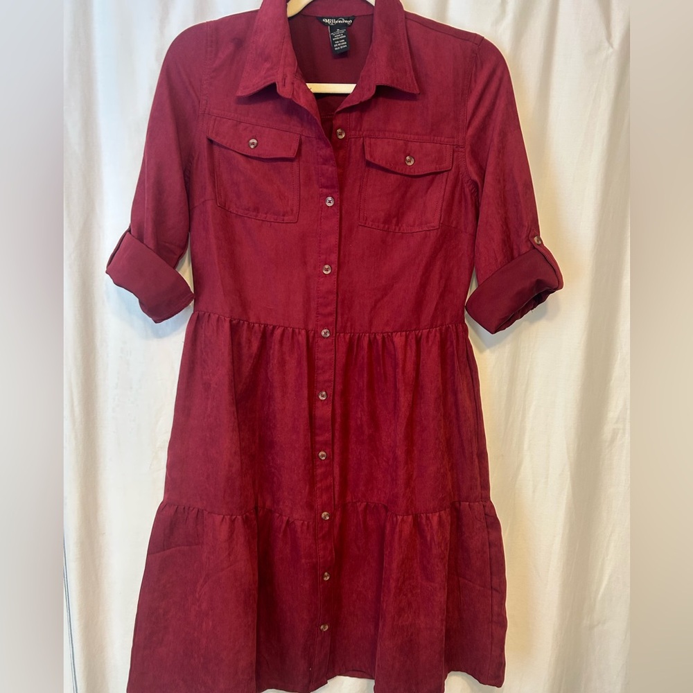 Women's burgundy Button-Up shirt Dress